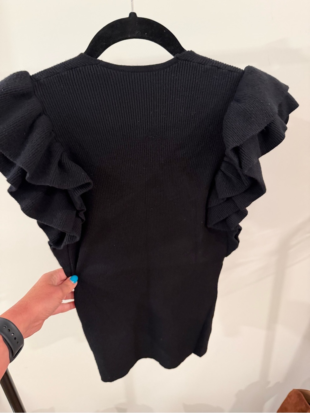 Express Black Ribbed V‑Neck Top with Ruffle Sleeves - Picture 4 of 4